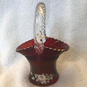 Vintage hand painted Bride’s Basket Ruby Glass